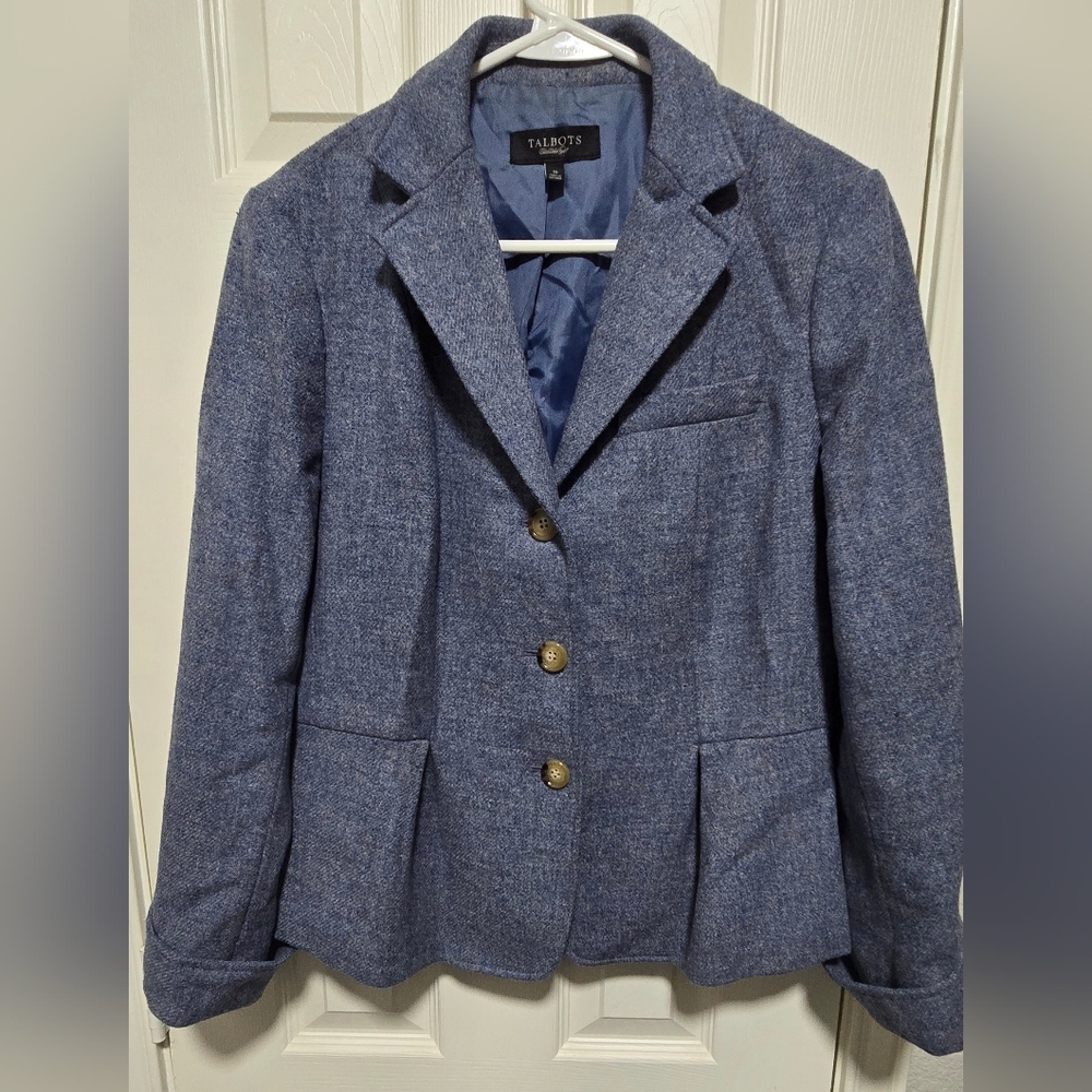Talbots bluish grey wool tweed peplum grace fit blazer size 10